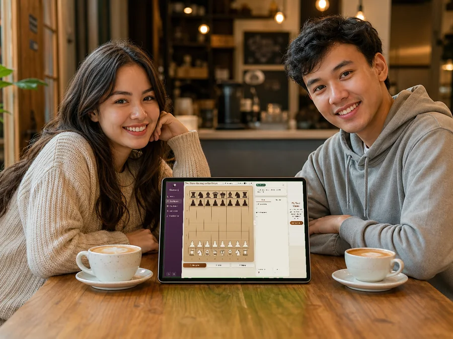 Two people playing Shatranj together on one tablet